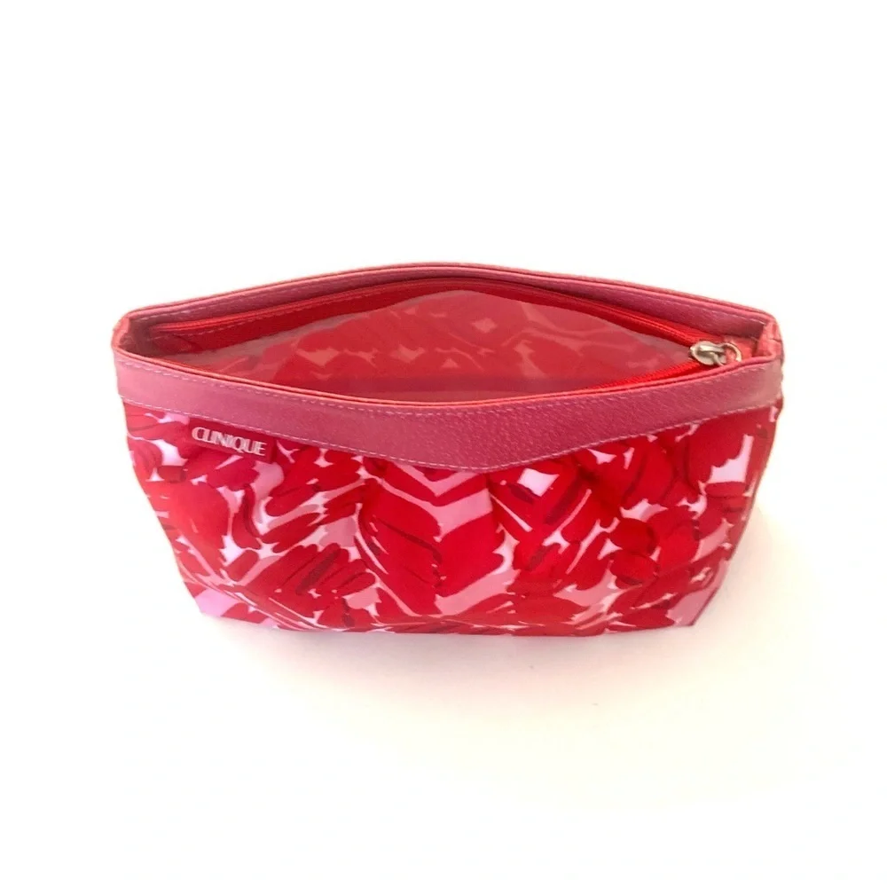 CLINIQUE Makeup Bag Women Nylon Cosmetic Travel Case Zip Pouch Dome, Pink/Red